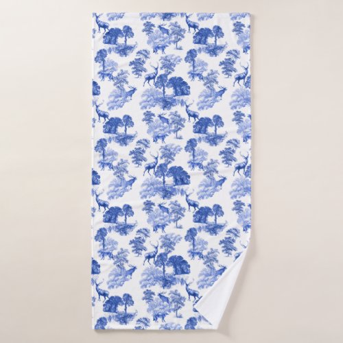 Classic Blue French Toile Deer Forest Countryside Bath Towel