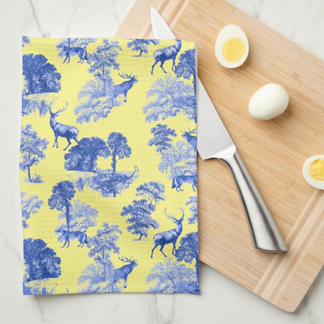 Classic Blue French Toile Deer Forest Pattern Kitchen Towel (Quarter Fold)