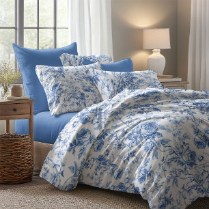 Classic Blue French Toile Roses Floral Duvet Cover