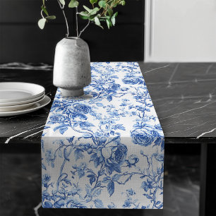 Classic Blue French Toile Roses Floral Table Runne Long Table Runner