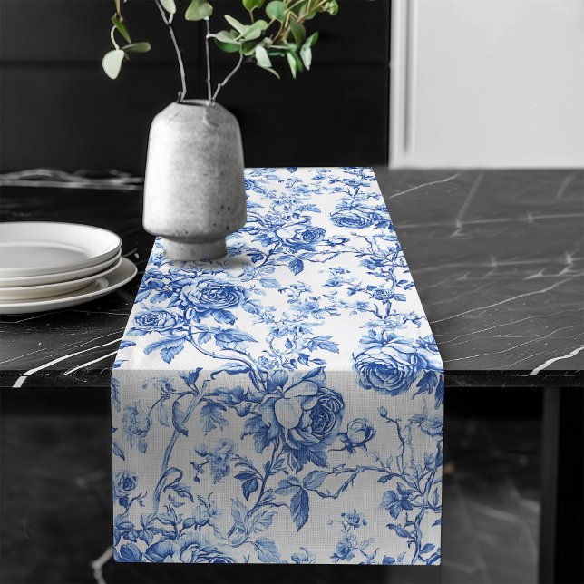 Classic Blue French Toile Roses Floral Table Runne Long Table Runner (Classic Blue French Toile Roses Floral Table Runner)