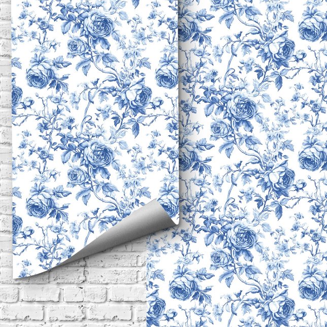 Classic Blue French Toile Roses Floral Wallpaper   (Classic Blue French Toile Roses Floral Wallpaper Design)