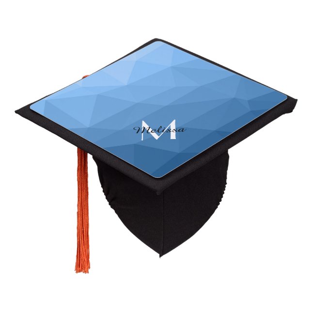 Classic Blue geometric mesh ombre pattern Monogram Graduation Cap Topper (Angled)