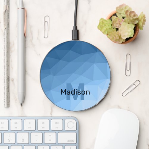 Classic Blue geometric mesh ombre pattern Monogram Wireless Charger