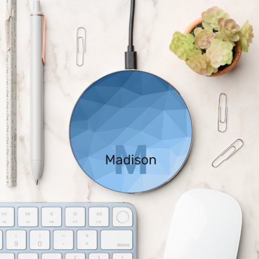 Classic Blue geometric mesh ombre pattern Monogram Wireless Charger (Desk)