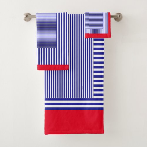 CLASSIC BLUE GEOMETRIC STRIPE RED TRIM BATH TOWEL SET