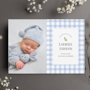Classic Blue Gingham Baby Boy 2 Photo Birth Announcement