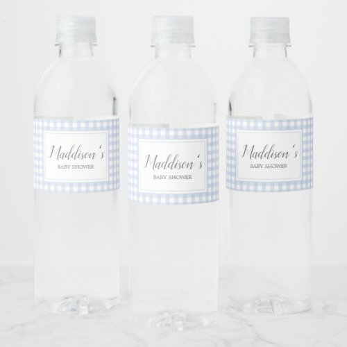 Classic Blue Gingham Baby Shower  Water Bottle Label