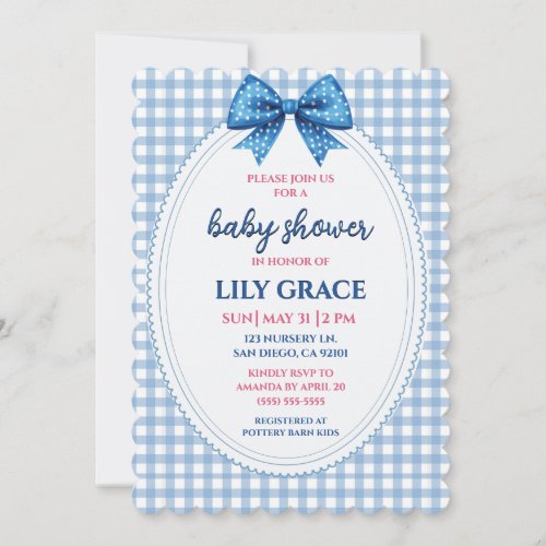 Classic Blue Gingham & Bow Baby Shower Invitation