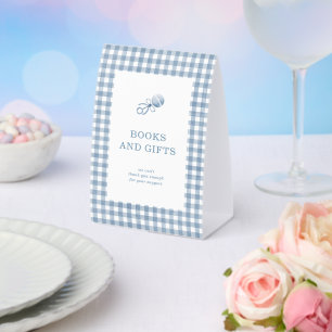 Classic Blue Gingham Boy Baby Shower Books & Gifts Paper Table Tent