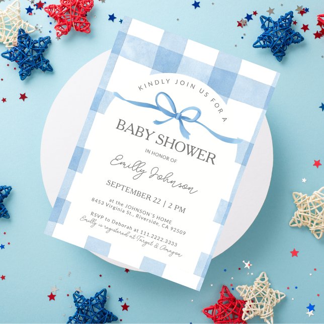 Classic Blue Gingham Boy Baby Shower Invitation (Creator Uploaded)