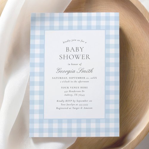 Classic Blue Gingham Boy Baby Shower Invitation