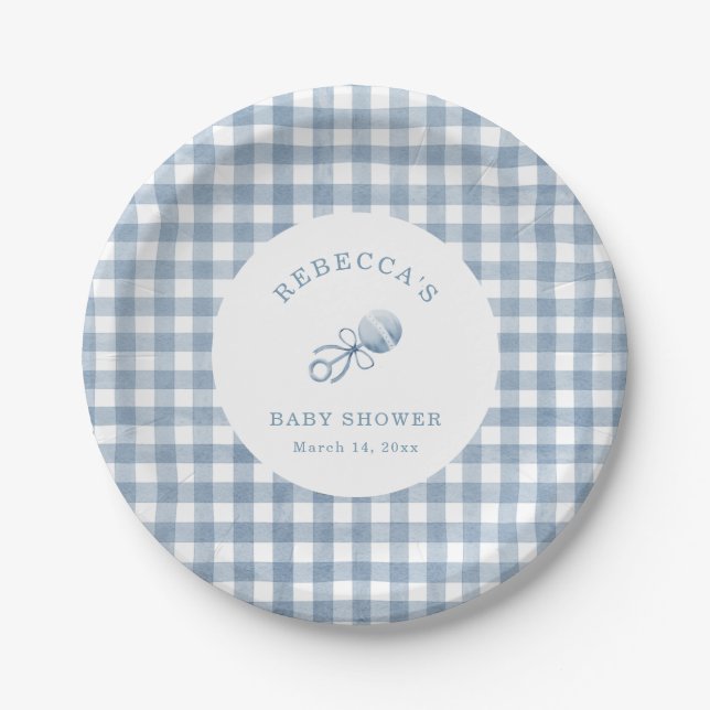 Classic Blue Gingham Boy Baby Shower Paper Plates (Front)