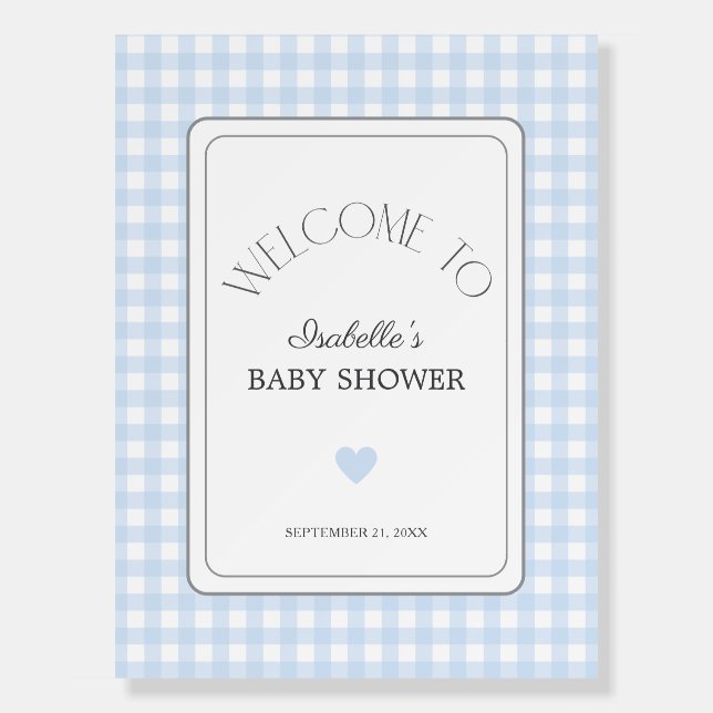 Classic Blue Gingham Boy Baby Shower Welcome Sign (Front)