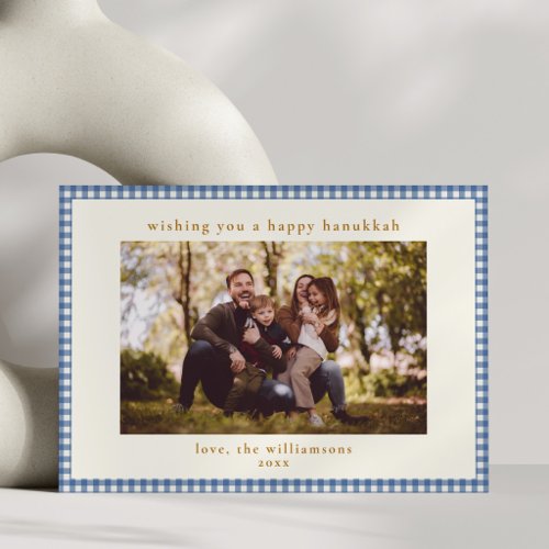 Classic Blue Gingham Family Photo Hanukkah Holiday Card