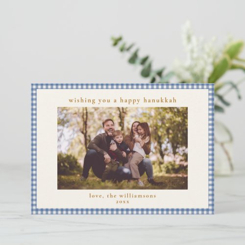 Classic Blue Gingham Family Photo Hanukkah Holiday Card