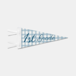 Classic Blue Gingham First Grade First Day Photo Pennant Flag