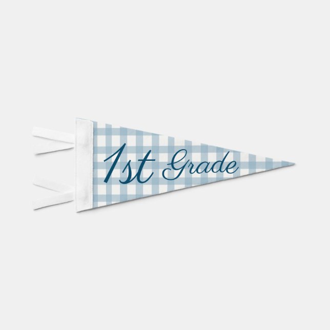 Classic Blue Gingham First Grade First Day Photo Pennant Flag (Front)