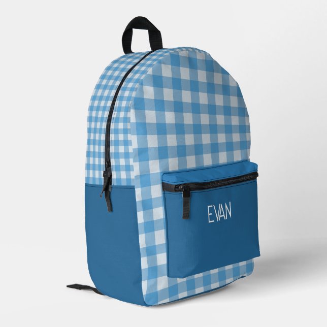 Classic BLUE Gingham Pattern Personalized School Printed Backpack (Back Corner Left)
