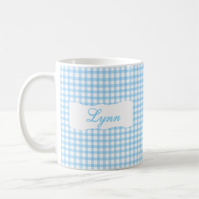 Classic Blue Gingham Personalized Name  Coffee Mug (Left)