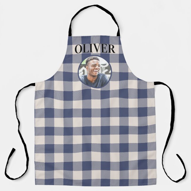 Classic Blue Gingham Plaid Custom Name & Photo Apron (Front)