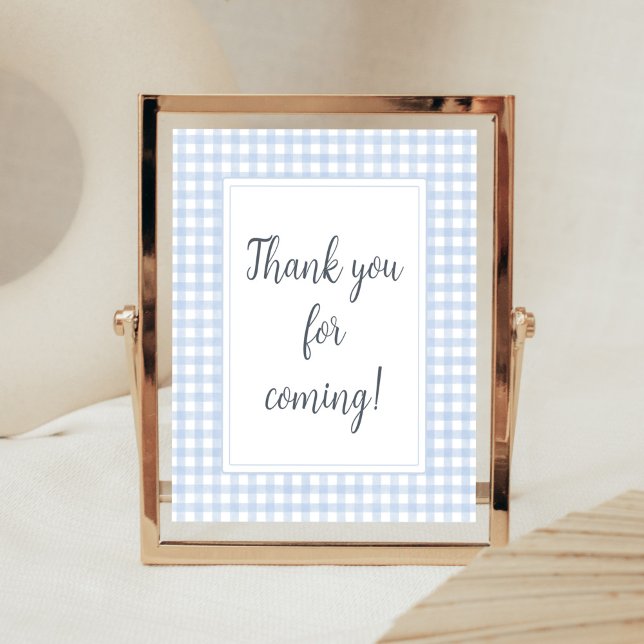 Classic Blue Gingham Thank You for Coming Poster (Boy Gingham Baby Shower Thank You for Coming Sign)