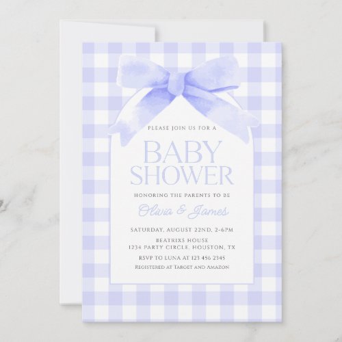 Classic Blue Gingham with Bow boy Baby Shower Invitation