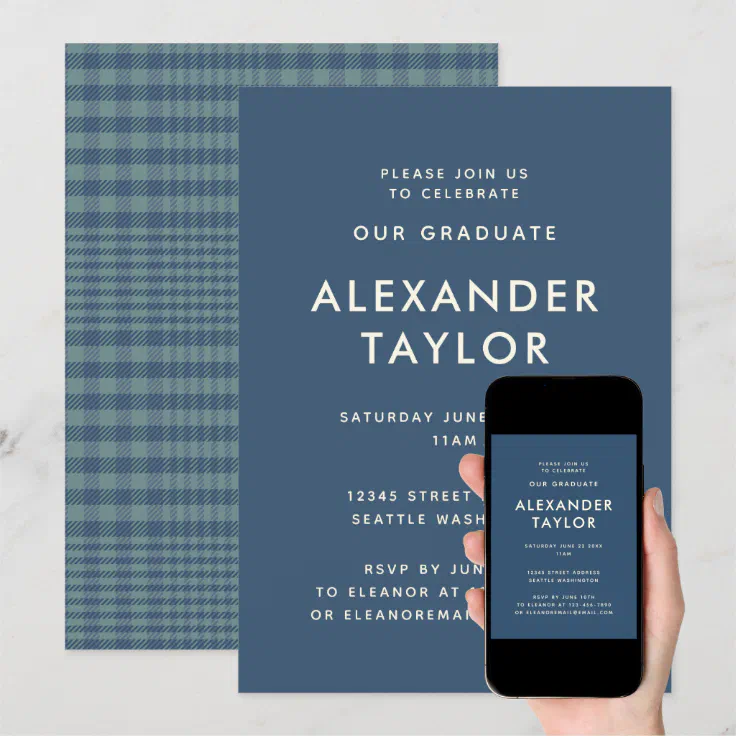 Classic Blue Glen Plaid Pattern Graduation Invitation | Zazzle