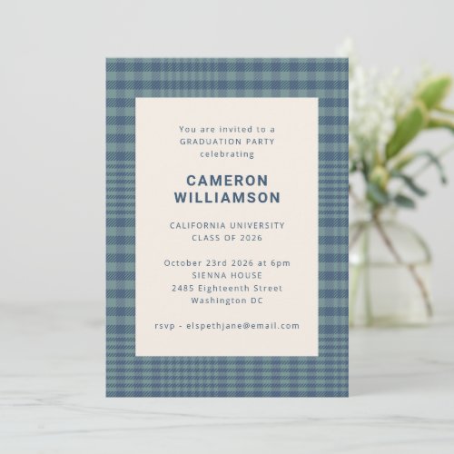 Classic Blue Glen Plaid Simple Stylish Graduation Invitation