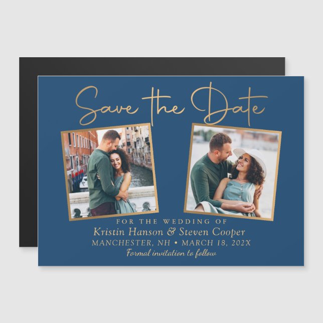 Classic Blue Gold 2 Photo Save the Date Magnet (Front/Back)