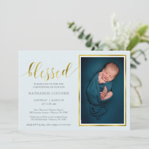 Classic Blue Gold Blessed Boy Photo Christening Invitation