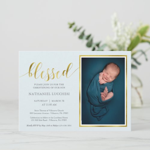 Classic Blue Gold Blessed Boy Photo Christening Invitation