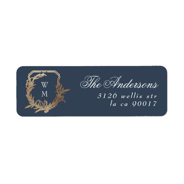 classic blue gold botanical motif monogram crest label (Front)