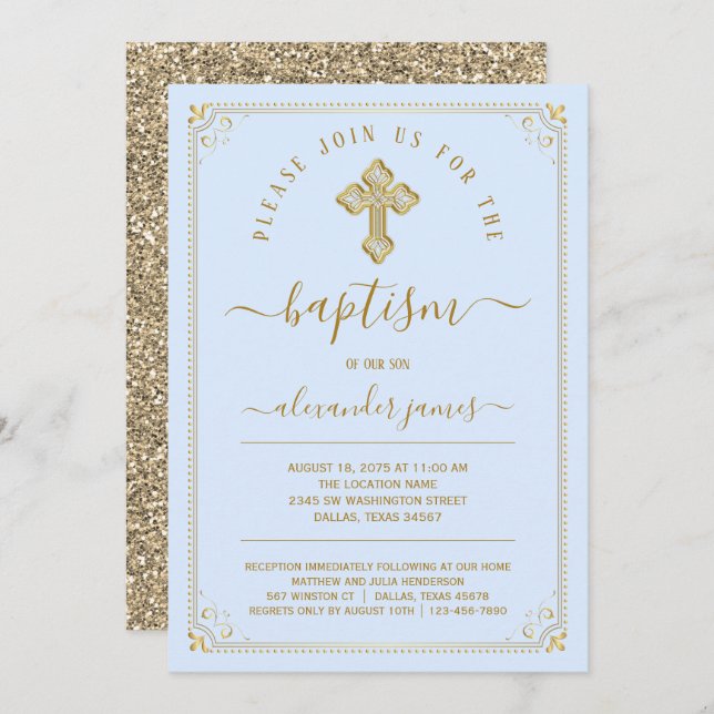 Classic Blue Gold Boy Baptism Invitation (Front/Back)