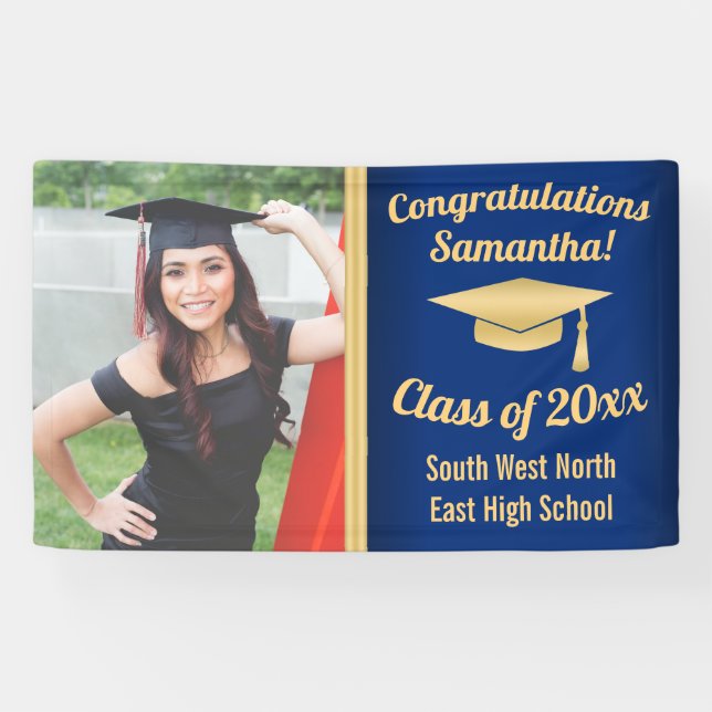 Classic Blue/Gold Custom Photo Graduation Sign (Horizontal)