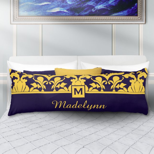 Classic Blue Gold Damask Monogram Body Pillow (Creator Uploaded)