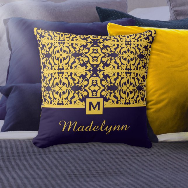 Classic Blue Gold Damask Monogram Throw Pillow (Creator Uploaded)