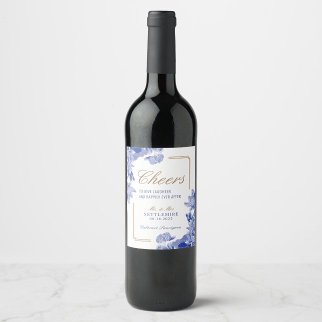 Classic Blue Gold Floral Chinoiserie Wedding Wine  Label (Front)