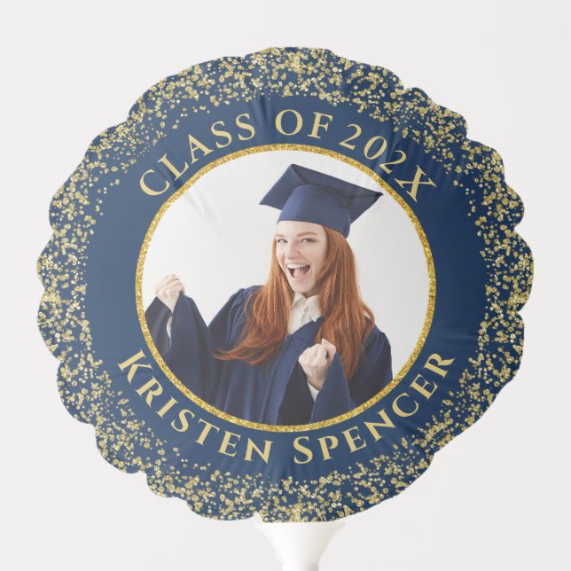 Classic Blue Gold Glitter Grad Photo Graduation Balloon (Front)