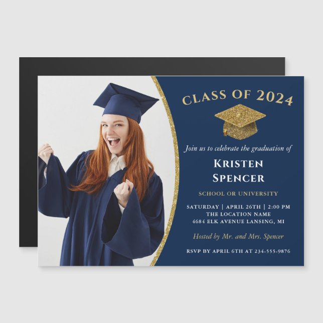 Classic Blue Gold Graduate Photo Graduation Magnet (Front/Back)