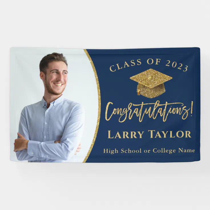 Classic Blue Gold Graduate Photo Graduation Party Banner | Zazzle