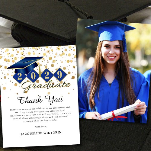 Classic Blue Gold Graduation Photo Thank You Card