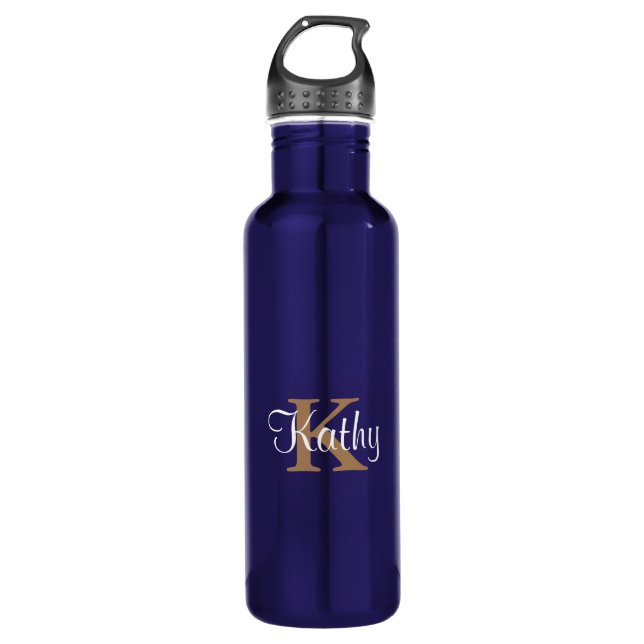 Classic Blue Gold Monogram Initial  Water Bottle (Front)