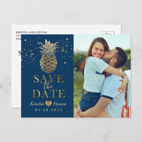 Classic Blue Gold Pineapple Photo Save the Date Postcard