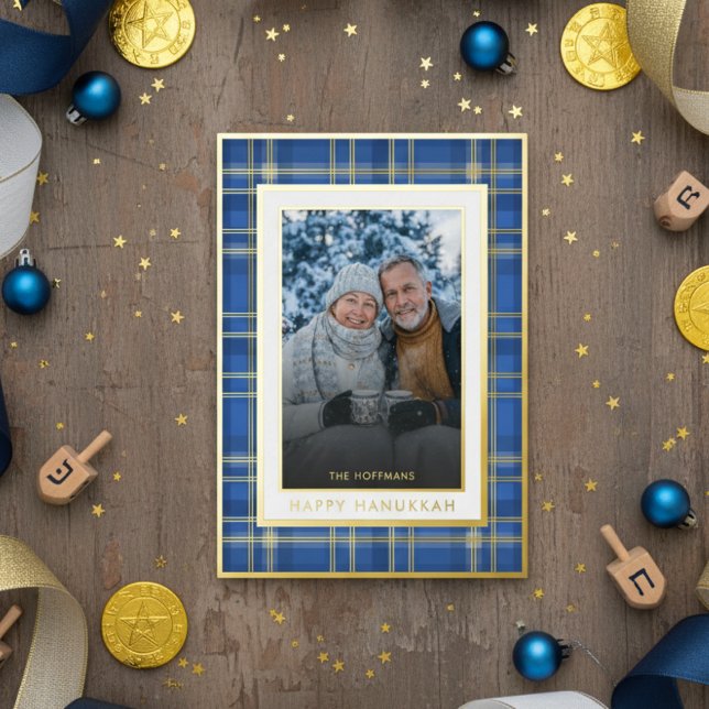 Classic Blue Gold Plaid Happy Hanukkah Photo Foil Holiday Card (Creator Uploaded)