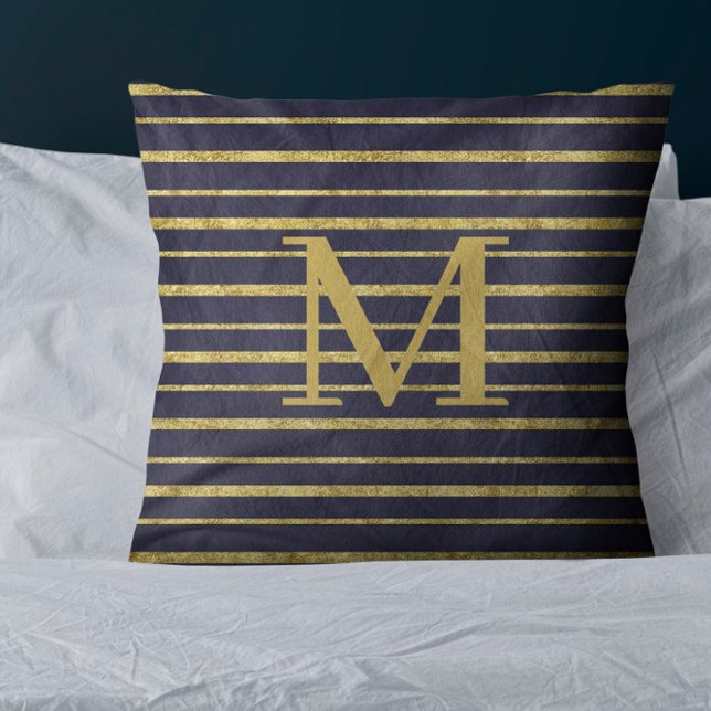 Classic Blue Gold Striped Monogrammed Throw Pillow (Creator Uploaded)