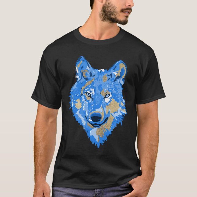 Classic blue gold watercolor splatters wolf T-Shirt (Front)