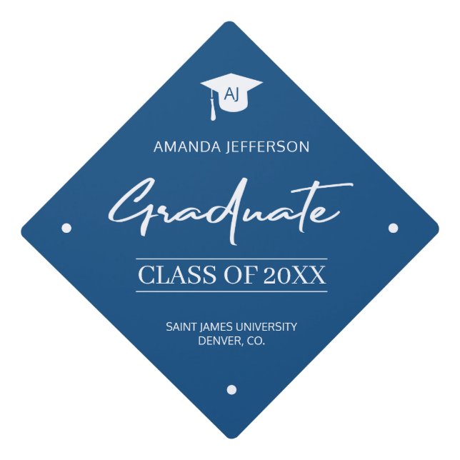 Classic Blue Graduation | Class year monogram Cap Topper (Front)