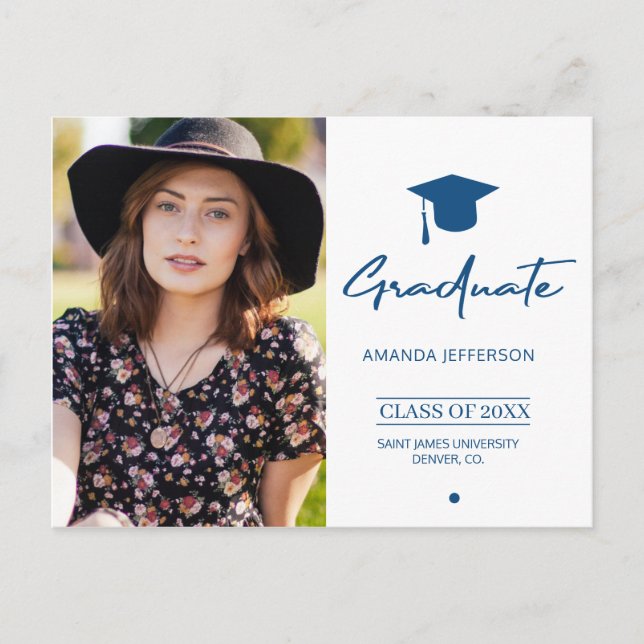 Classic Blue Graduation | Modern script photo Postcard (Front)