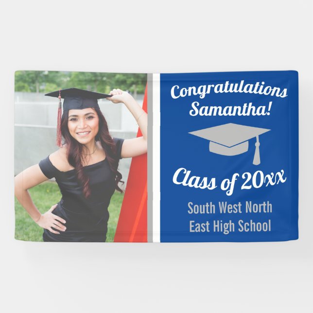 Classic Blue Gray Custom Photo Graduation Banner (Horizontal)